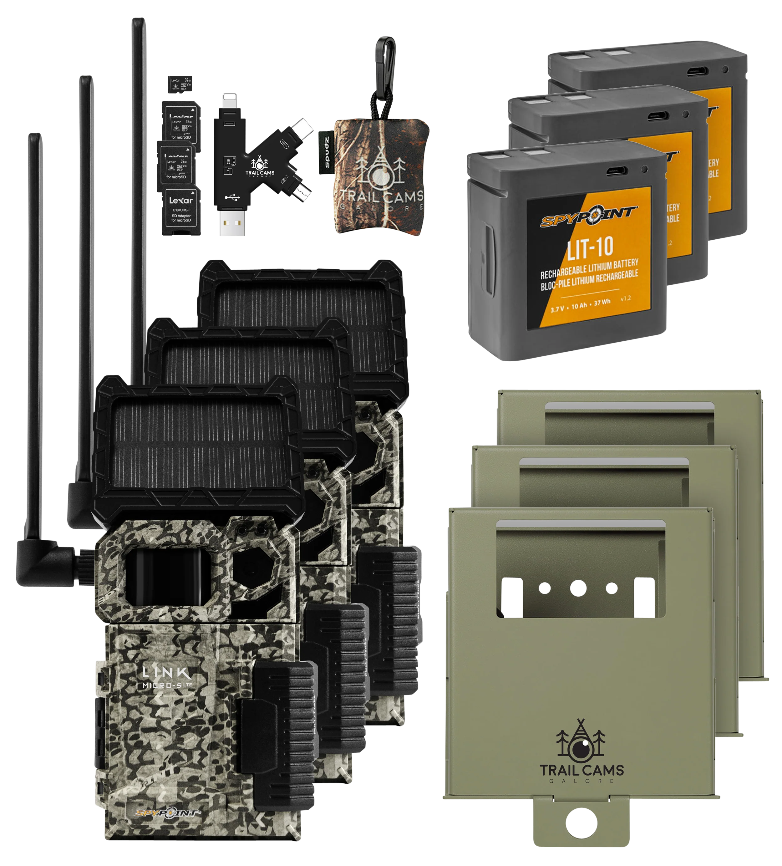 Three SPYPOINT LINK-MICRO-S-LTE Solar Cellular Trail Cameras with Lit-10 Batteries, 32GB SD Cards, Card Reader, Spudz, and Steel Cases Questions & Answers