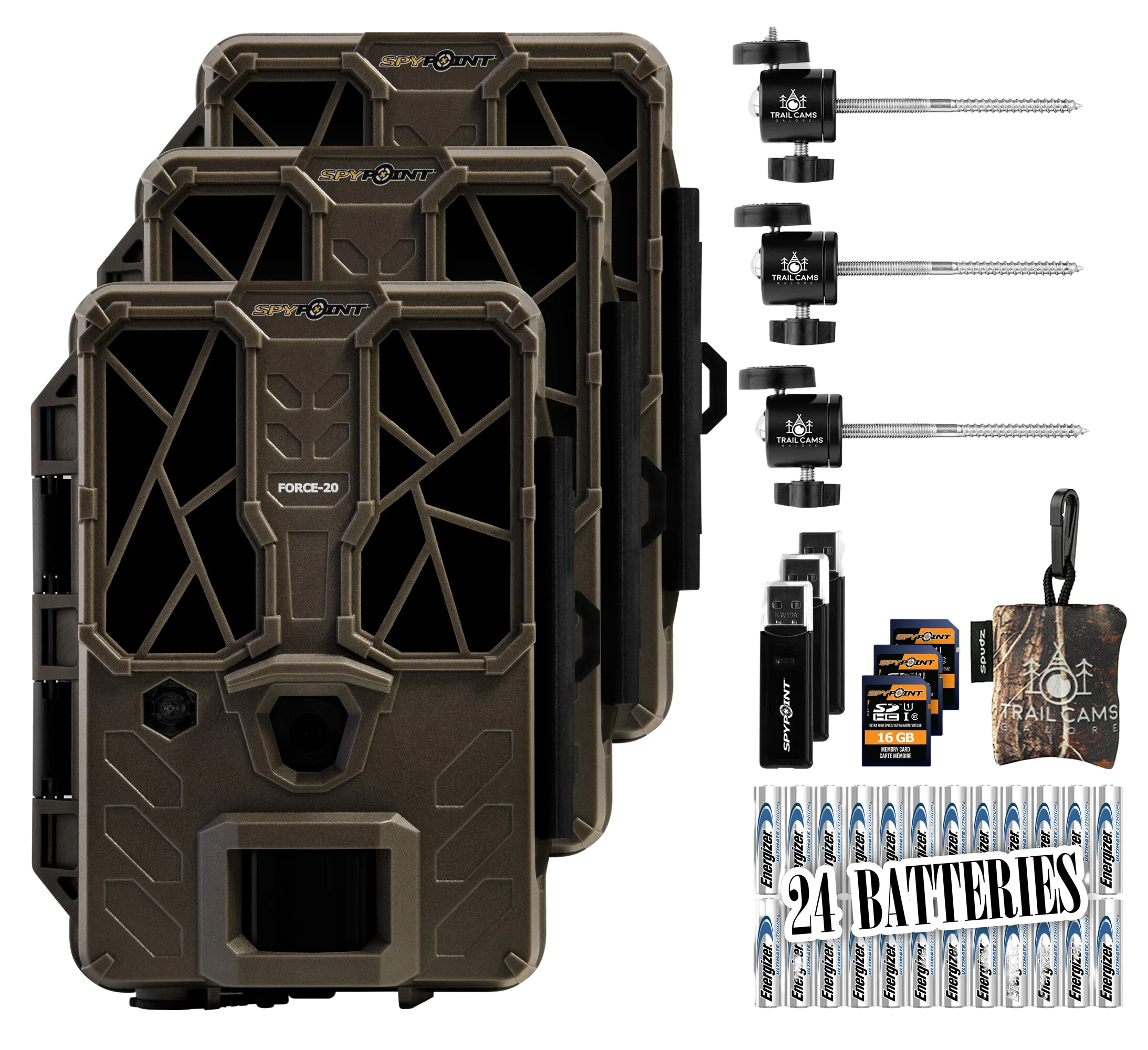 Three SPYPOINT FORCE-20 ULTRA COMPACT TRAIL CAMERAS WITH BATTERIES, Card Reader, 16 GB SD Cards, SPUDZ, AND Tree Mounts Questions & Answers